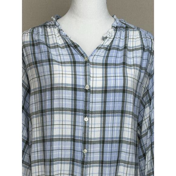 Loft Women’s Sz S Blue White Plaid V-Neck Ruffle Trim Crepe Texture Button Up - Picture 2 of 12